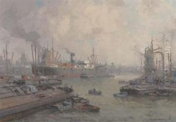 Daily Activities At The Harbour Of Rotterdam Oil Painting by Gerardus Jacobus Delfgaauw
