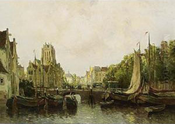 A View Of Dordrecht Oil Painting by Gerardus Jacobus Delfgaauw
