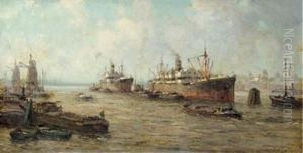 Rotterdam Harbor Oil Painting by Gerardus Jacobus Delfgaauw