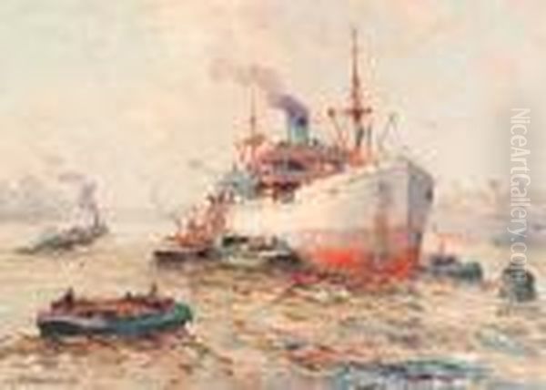 A Cargo-ship In Rotterdam Harbour Oil Painting by Gerardus Jacobus Delfgaauw