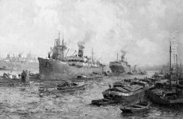 Moored Oceansteamers In A Rotterdam Harbour Oil Painting by Gerardus Jacobus Delfgaauw