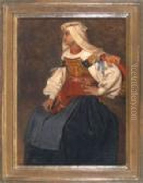Portrait Einer Jungen 
Italienerin In Tracht Im Profil Halb Nach Links, Die Linke In Die Seite 
Gestutzt Oil Painting by Cesare Felix dell' Acqua