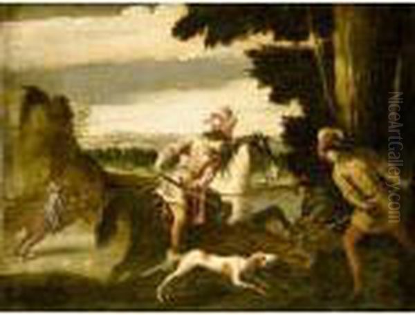 A Wild Boar Hunt Oil Painting by Pietro Della Vecchio