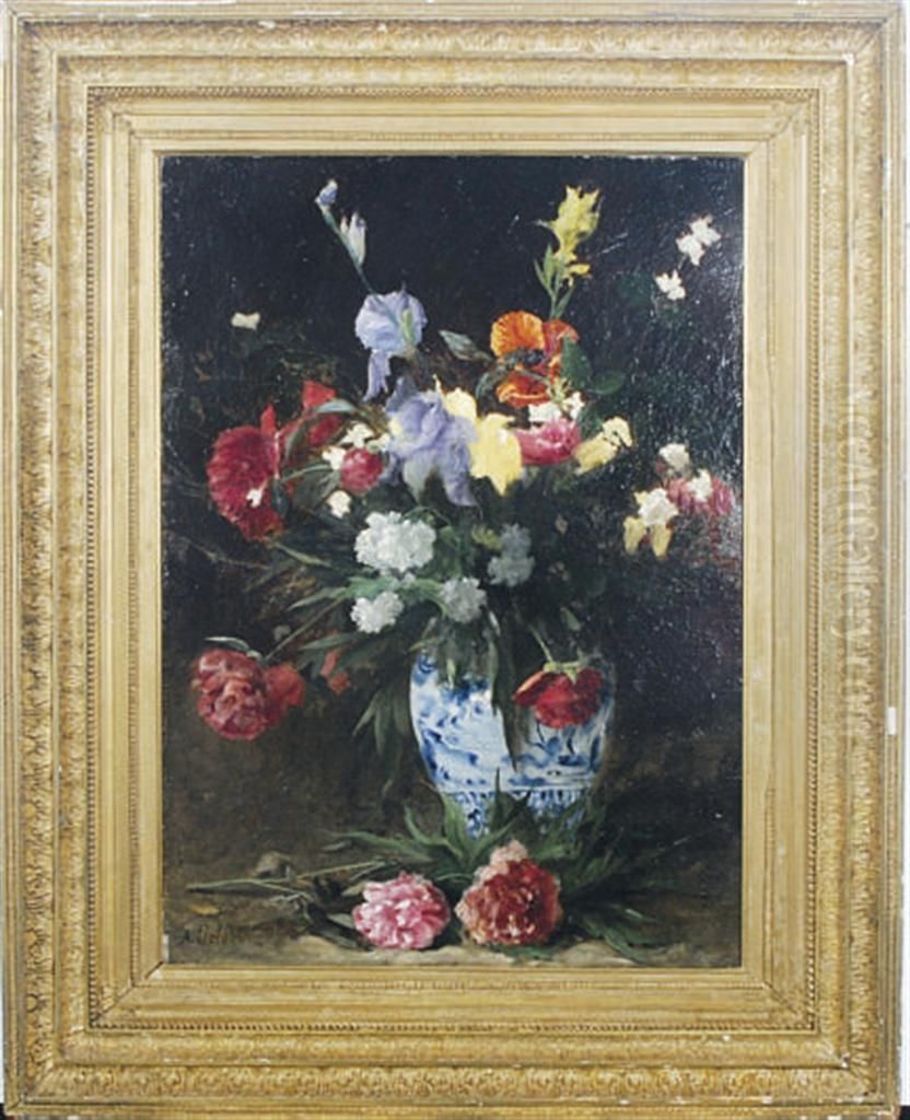 Bouquet Of Irises, Poppies And Peonies Oil Painting by Francois Alfred Delobbe