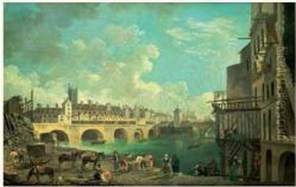 La Demolition Des Maisons Du 
Pont Au Change, Derriere, La Tour Saint Jacques, Le Quai De Gesvres Et 
Le Pont Notre-dame Oil Painting by Pierre-Antoine Demachy