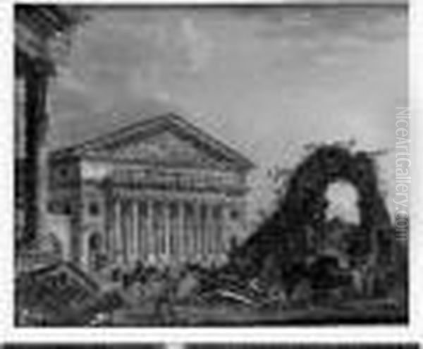 Attribue A Pierre Antoine . 
Paysage Imaginaire De Ruines Avec Un Temple Antique. Panneau Prepare, 
Une Planche, Non Parquete Oil Painting by Pierre-Antoine Demachy