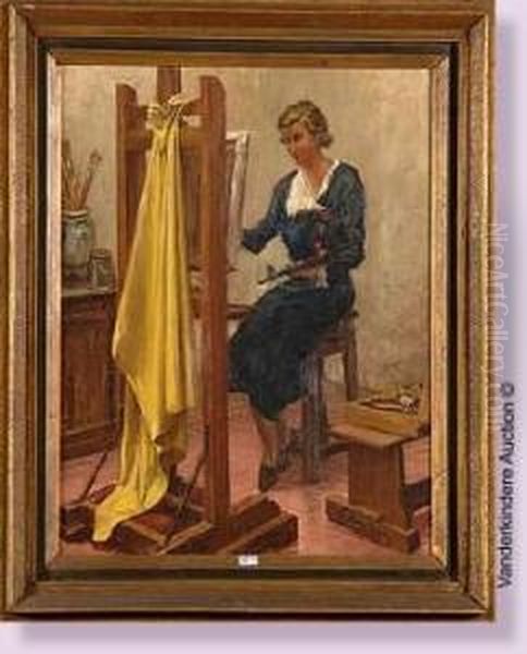 La Peintre Dans Son Atelier Oil Painting by Alexandre Denonne