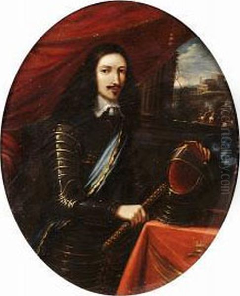 Portrait Of A Marshal, Small 
Three-quarter-length, In Armour, Holding A Baton Before A Curtain, A 
View To A Battle Beyond Oil Painting by Claude Deruet