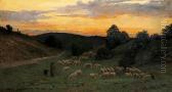 Berger Et Son Troupeau Au Soleil Couchant Oil Painting by Jean Desbrosses