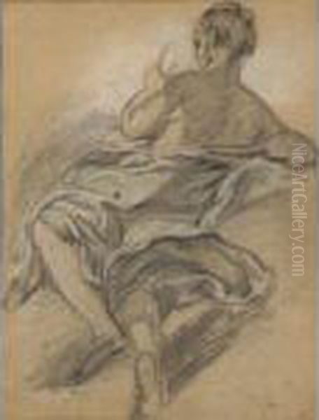 Figure Feminine Drapee, Vue De 
Dos Et Regardant Un Miroir [jean-baptiste Deshays Called Le Romain ; 
Draped Woman Looking At A Mirror ; Black Chalk, Charcoal, Heightened 
With White And Blue Chalks] Oil Painting by Jean-baptiste Deshays