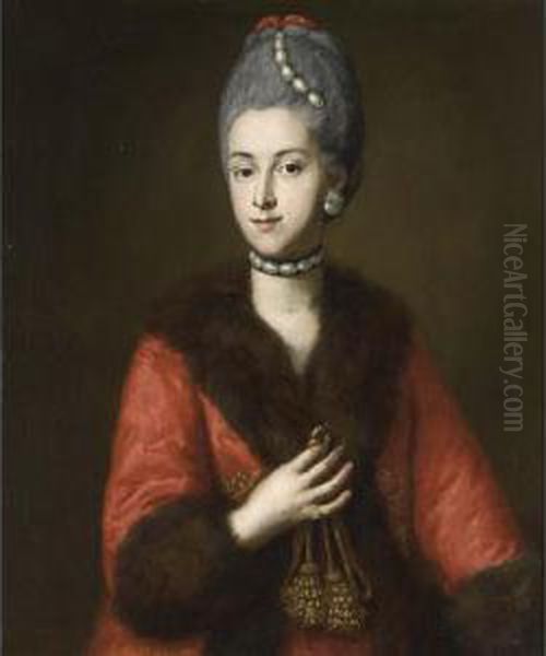 A Portrait Of Maria Anna Grafin 
Von Capris (1746-1818), Wearing A Red Coat With A Fur Trim And Mother Of
 Pearl Jewellery, Holding A Rope Oil Painting by Georg Desmares