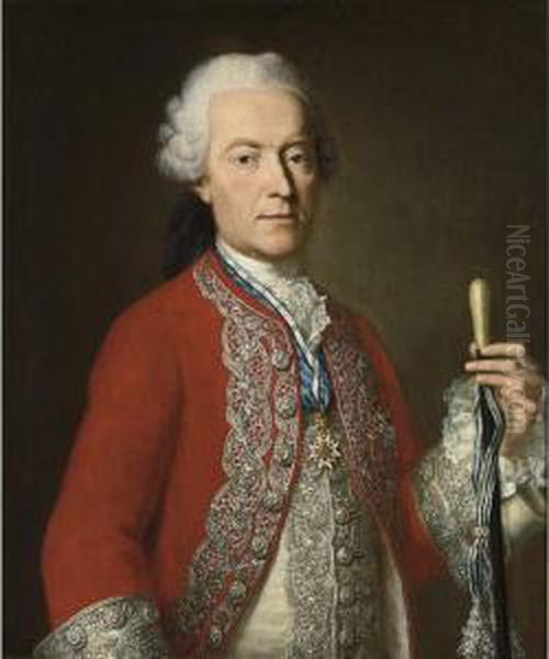 A Portrait Of Andreas Graf Von 
Capris (1717-1776), Standing Half-length, Wearing An Elaborate Red Coat 
And The Bavarian Order Of St. George Oil Painting by Georg Desmares