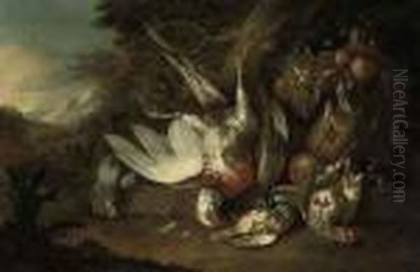 Dead Birds And Grapes, Plums, 
Peaches And Strawberries In A Basket On A Ledge In A Landscape Oil Painting by Alexandre-Francois Desportes