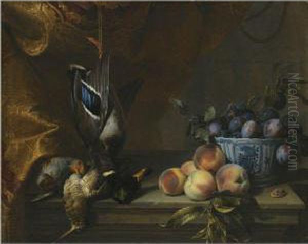 Still Life Of Plums In A Blue 
And White Porcelain Bowl Togetherwith Peaches,a Partridge And A Woodcock
 And A Hanging Mallard, Allon A Stone Ledge With A Red And Gold Brocade 
Hanging To Theleft Oil Painting by Alexandre-Francois Desportes