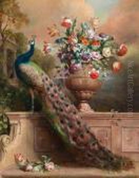 Umkreis Einpfau Und Ein 
Blumenstraus In Einer Vase Auf Einer Steinbank Ineinem Schlosspark Oil Painting by Alexandre-Francois Desportes