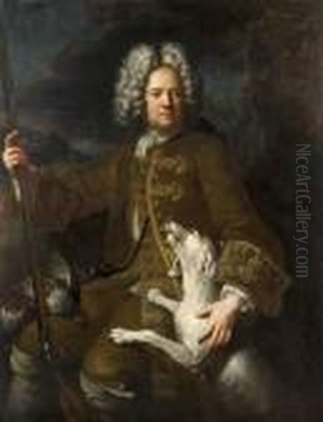 Portrait De Monsieur Paris, 
Fermier General Du Dauphine, En Chasseur, Sur Fond De Paysage Oil Painting by Alexandre-Francois Desportes