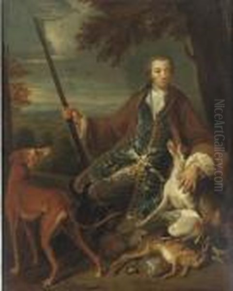 Portrait Of A Young Gentleman, 
Full-length, In A Hunting Dress With His Hounds In A Landscape Oil Painting by Alexandre-Francois Desportes