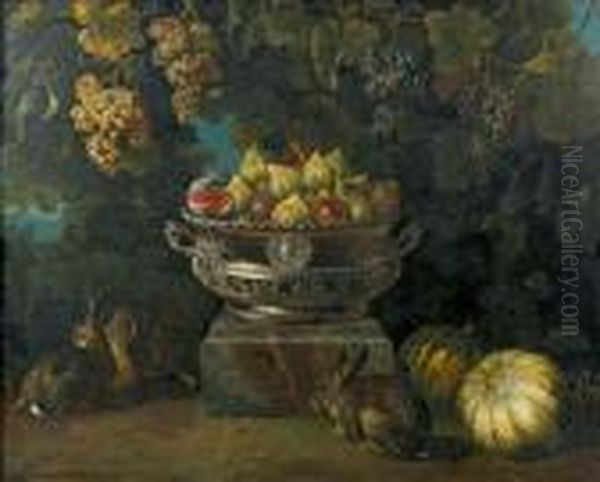 Nature Morte Aux Figues Dans Une
 Jardiniere En Argent De Thomasgermain, Sur Un Socle De Marbre, Sous Des
 Pampres De Vignes Oil Painting by Alexandre-Francois Desportes