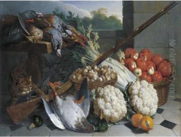 A Still Life Of Game With A 
Musket, Baskets Of Apples And Mushrooms, A Bunch Of Celery, Two 
Cauliflowers And A Cat Oil Painting by Alexandre-Francois Desportes