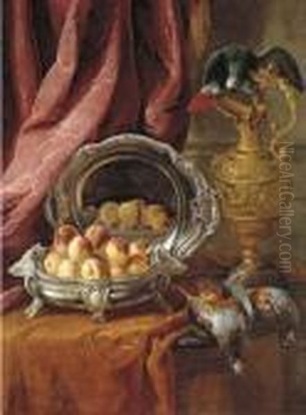 Peaches In A Silver-footed Bowl,
 A Silver Platter, An African Grey Parrot Perched On A Vermeil Ewer And 
Game Birds On A Partly-draped Tabletop Oil Painting by Alexandre-Francois Desportes