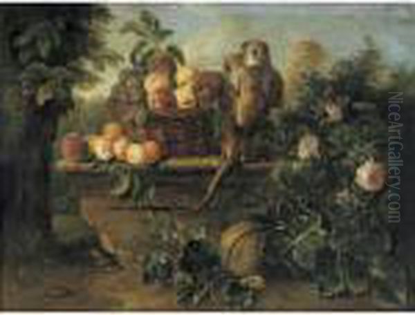 Still Life With A Monkey And A 
Basket Of Fruit All Resting On A Ledge With A Landscape Beyond Oil Painting by Alexandre-Francois Desportes