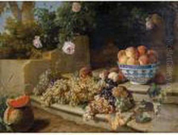 Still Life Of Grapes, Peaches In
 A Blue And White Porcelain Bowl And A Melon, Resting On A Stone 
Stairway Oil Painting by Alexandre-Francois Desportes