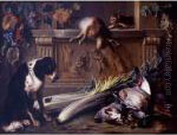 Still Life With Game, A Dog, A 
Cat And A Hare On A Table Decorated With A Bas Relief By Francois 
Duquesnoy Oil Painting by Alexandre-Francois Desportes
