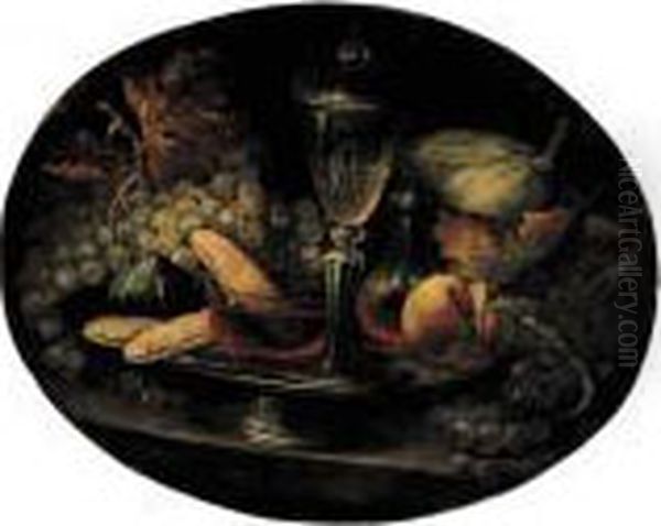 Grapes, A Fig, Breadrolls, 
Wineglasses And A Peach On A Pewter Plate With Grapes And A Melon On A 
Stone Ledge Oil Painting by Alexandre-Francois Desportes