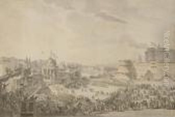 Volksfest In Neapel.
 Feder In Braun, Laviert, Und Aquarell Auf Butten. Ca. 32 : 47 Cm Oil Painting by Louis Jean Desprez