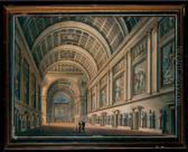 Interno Di Una Galleria Con 
Figure Corredata Da Busti Antichi Su Piedistalli Al Di Sotto Di Tele Di 
Soggetto Storico Inserite In Una Elaborata Decorazione Architettonica 
Con Doppie Lesene E Stucchi Oil Painting by Louis Jean Desprez