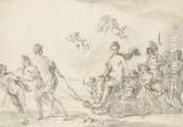 Le Triomphe De Venus Sur Un 
Chariot Tire Par Trois Femmes, Suiviesapollon, Pen Et Neptune, Par Des 
Femmes, Des Musiciens Et Desguerriers Oil Painting by Claude Louis Desrais