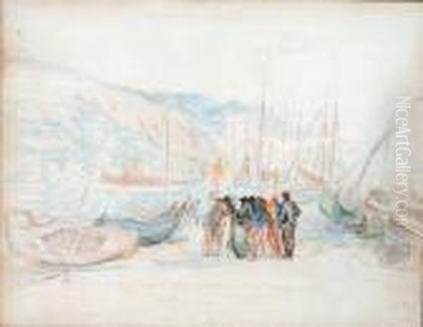 Pecheur Devant Le Port De Menton Oil Painting by Leon Detroy