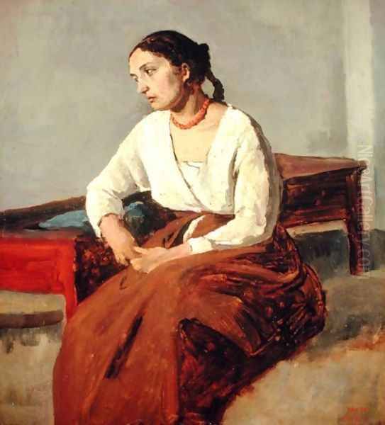 Seated Woman in Brown Skirt Oil Painting by Jean-Baptiste-Camille Corot