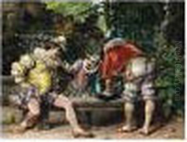 Auguste , The Egg Trick, Signed,
 Dated And Inscribed Roma 73, Oil On Panel, 22 X 27 Cm.; 8 3/4 X 10 1/2 
In Oil Painting by Cesare-Auguste Detti