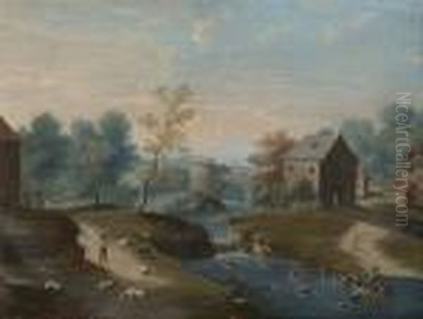 Dorf Am Fluss. Oil Painting by Francois J. Deutsch