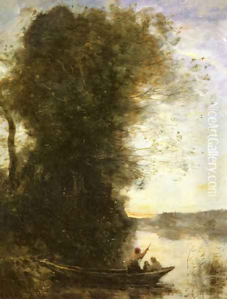 Le Batelier Quittant La Rive Avec Une Femme Et Un Enfant Assis Dans Sa Barque, Soleil Couchant Oil Painting by Jean-Baptiste-Camille Corot