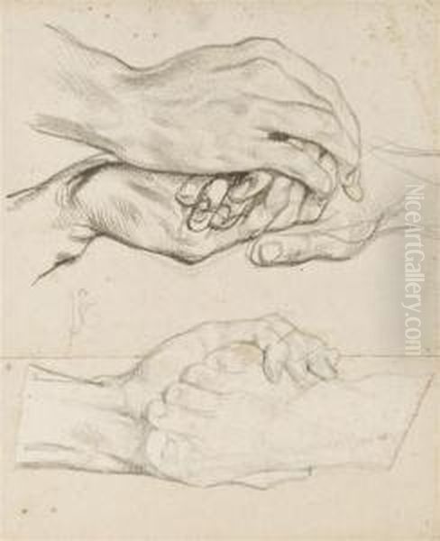 Une Etude De Pied; Et Une Etude De Mains Jointes Oil Painting by Achille-Jacques-Jean-Marie Deveria