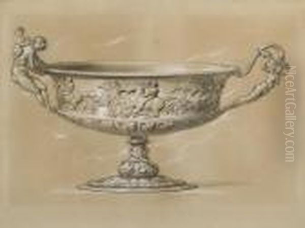 Une Coupe Sculptee Representant Une Course D'auriges, Des Anses Formes De Femmes Oil Painting by Achille-Jacques-Jean-Marie Deveria