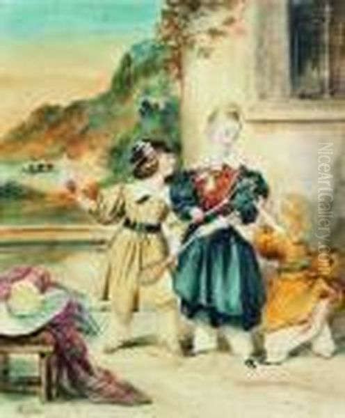 Enfants Jouant Au Badmington Oil Painting by Achille-Jacques-Jean-Marie Deveria