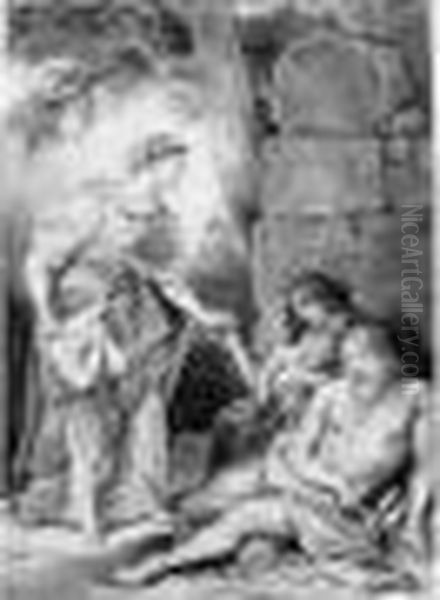 Deveria : < L'aumone > Oil Painting by Achille-Jacques-Jean-Marie Deveria