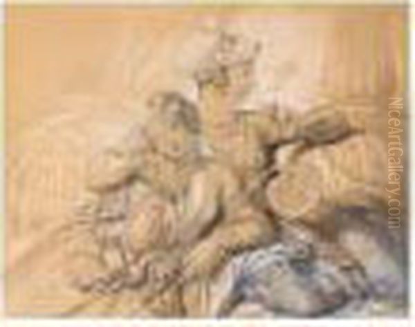 A Turkish Gentleman And Lady Seated In An Interior Oil Painting by Achille-Jacques-Jean-Marie Deveria