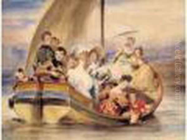 Portrait Presume De La Famille De Victor Hugo Pendant Une Promenade En Barque Oil Painting by Achille-Jacques-Jean-Marie Deveria