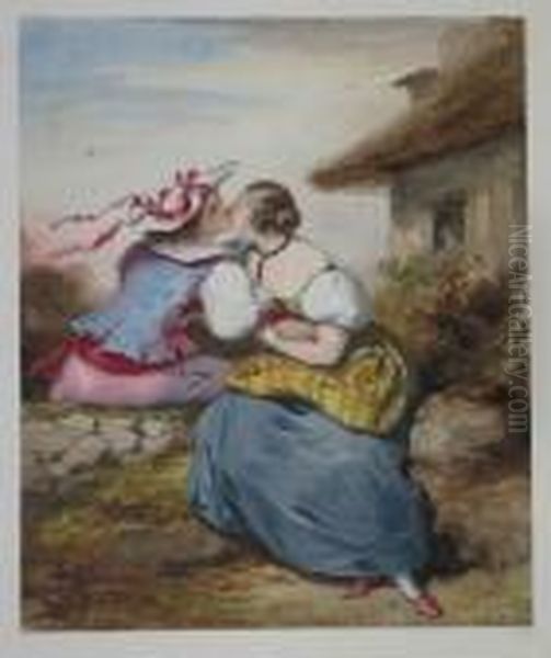 Couple Enlace Pres D'une Chaumiere Oil Painting by Achille-Jacques-Jean-Marie Deveria