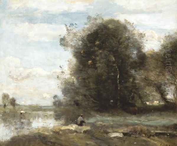 Le pecheur &agrave; la ligne. Souvenir des Marais du Nord Oil Painting by Jean-Baptiste-Camille Corot
