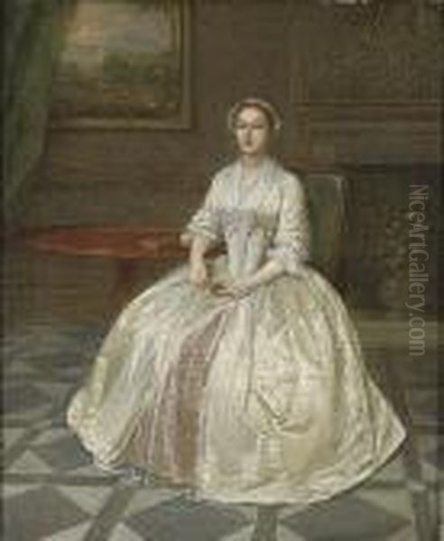 Portrait Of A Lady, Small 
Full-length, In A White Dress With Pinkunderskirt, Seated Beside A 
Mahogany Tripod Table, A Fireplace Witha Stucco Overmantel Beyond Oil Painting by Arthur Devis