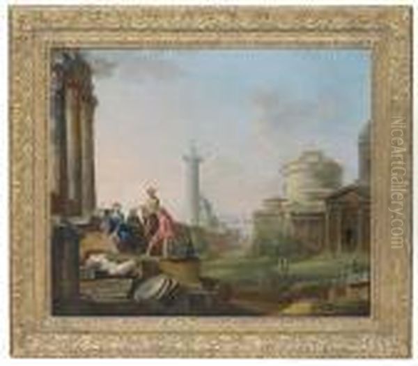 A Roman Capriccio With The 
Castel Sant'angelo And Trajan's Column,and Other Ruins, With Figures Oil Painting by Arthur Devis