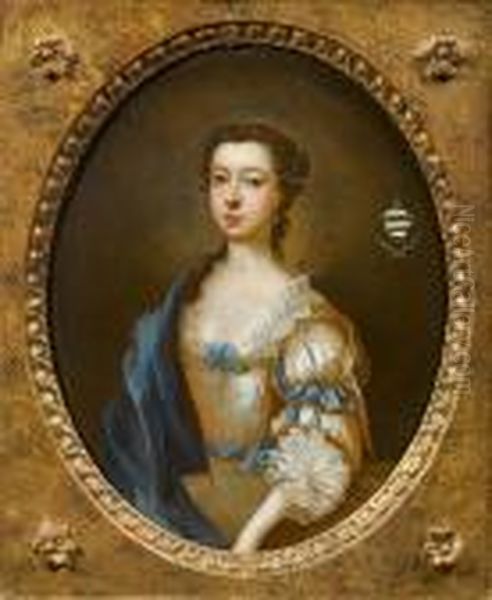 Portrait Of A Lady, Half-length,
 In A Gold Silk Dress With Blue Ribbons And A Blue Wrap; And A Portrait 
Of A Lady Half-length, In A Gold Dress With Lace Trim And Pearls Oil Painting by Arthur Devis