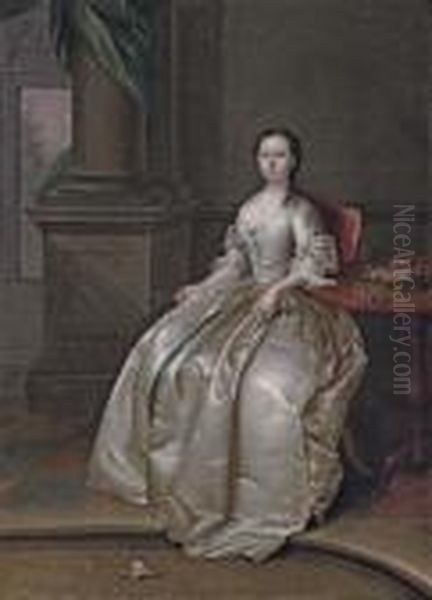 Portrait Of A Lady, Small 
Full-length, Seated In A White Dress, Beside A Table With A Basket Of 
Flowers, A Sprig Of Orange Blossom In Her Right Hand, In An Interior Oil Painting by Arthur Devis