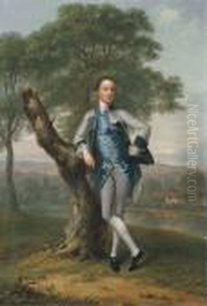 Portrait Of Thomas Bateman Lane 
(b. 1735), Small Full-length, In Agrey Suit With A Blue Waistcoat, 
Holding A Tricorn In His Lefthand, Leaning On A Tree Stump, In A River 
Landscape With The Seabeyond Oil Painting by Arthur Devis