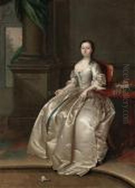 Portrait Of A Lady, Full-length,
 Seated In A White Satin Dress,beside A Table With A Basket Of Flowers, A
 Sprig Of Orange Blossomin Her Right Hand, In An Interior Oil Painting by Arthur Devis